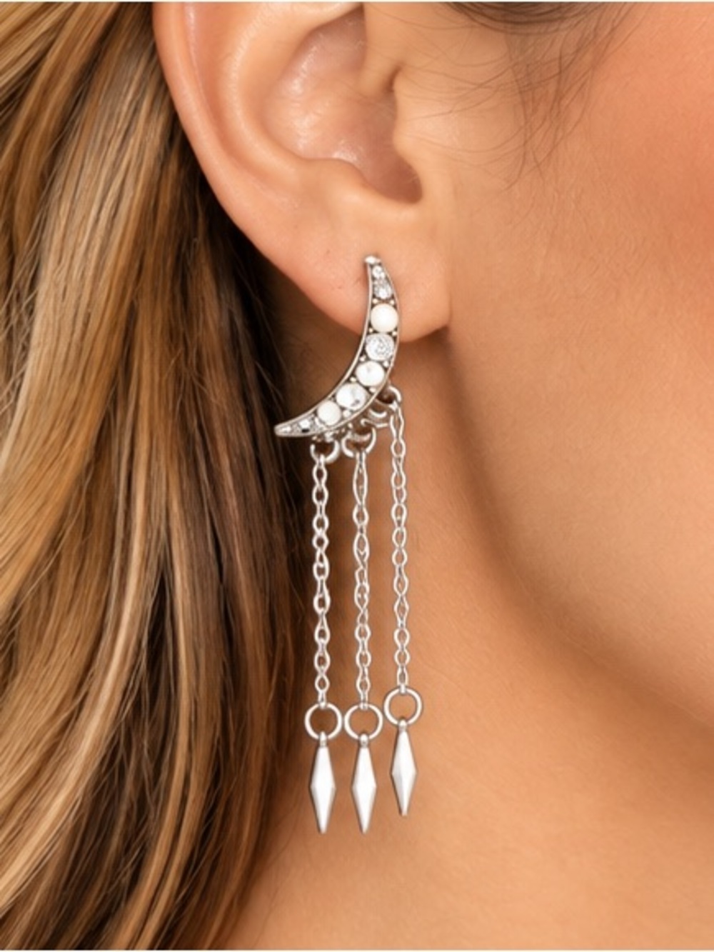 NEW - Sam Edelman White Jasper Crescent Moon Chain Dangle Earrings